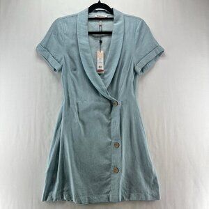 BCBGeneration Wrap Mini Dress Womens Sz 2 Blue Mist Cuffed Button Collared Linen